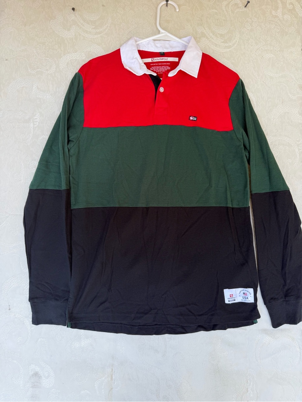 South Pole Men's Colorblock Rugby Polo - Red, Green, Black